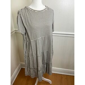 LOFT Striped Tiered Dress Short‎ Sleeve Casual Knit Beige Black Women Size L